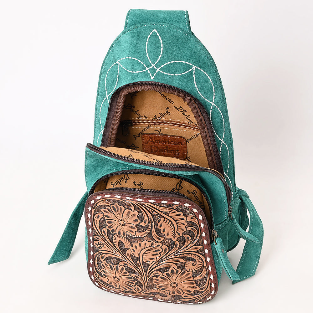 ADBG1573 American Darling Genuine Suede Leather Sling Bag with Hand Tooled Floral Front & Buck Stitch Details