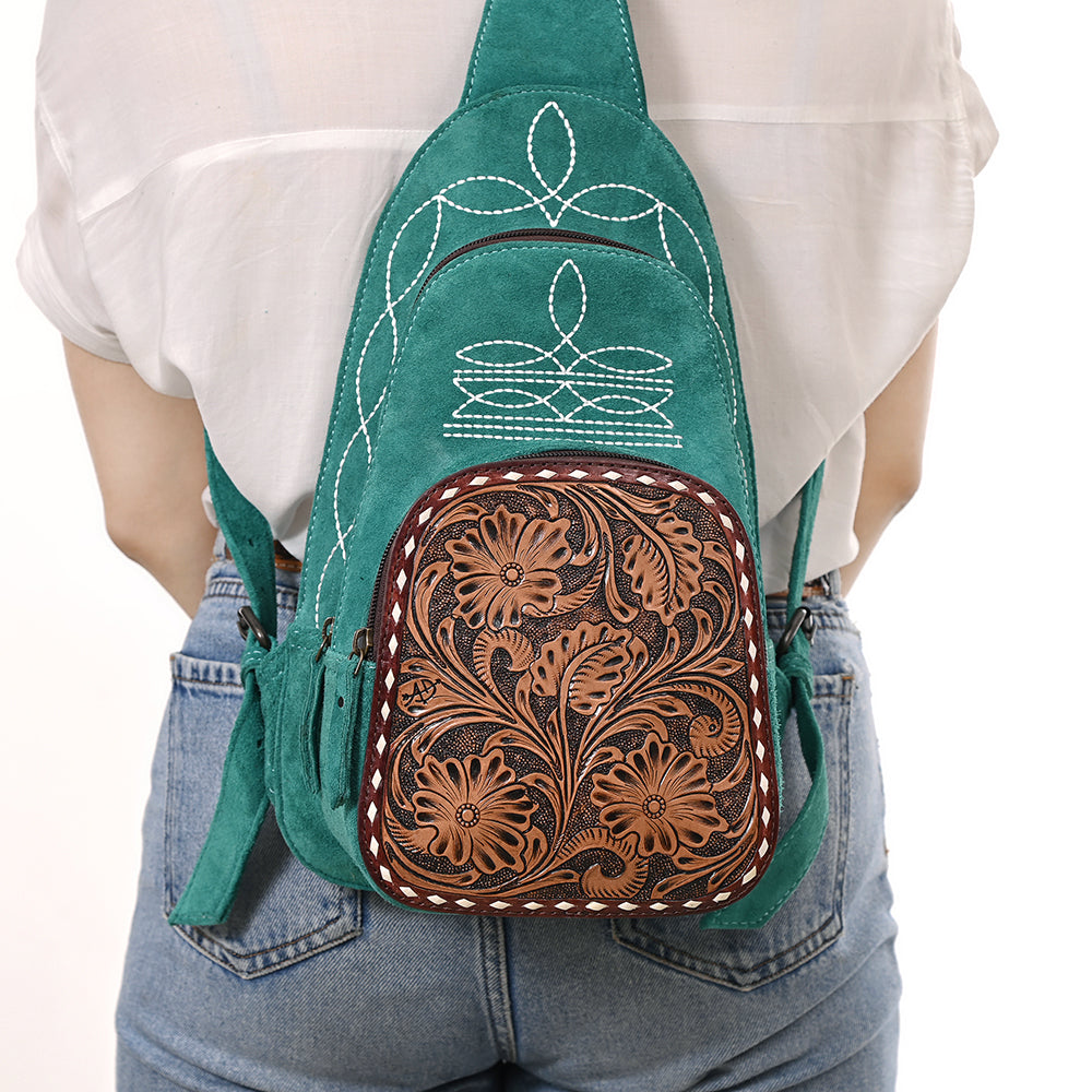 ADBG1573 American Darling Genuine Suede Leather Sling Bag with Hand Tooled Floral Front & Buck Stitch Details