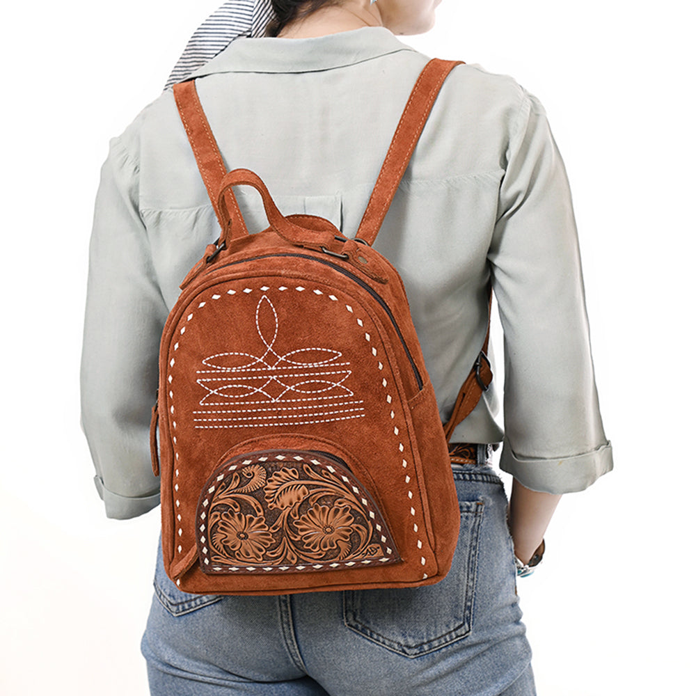 ADBG1574 American Darling Genuine Suede Leather Backpack Bag with Hand Tooled Floral Front & Buck Stitch Accents