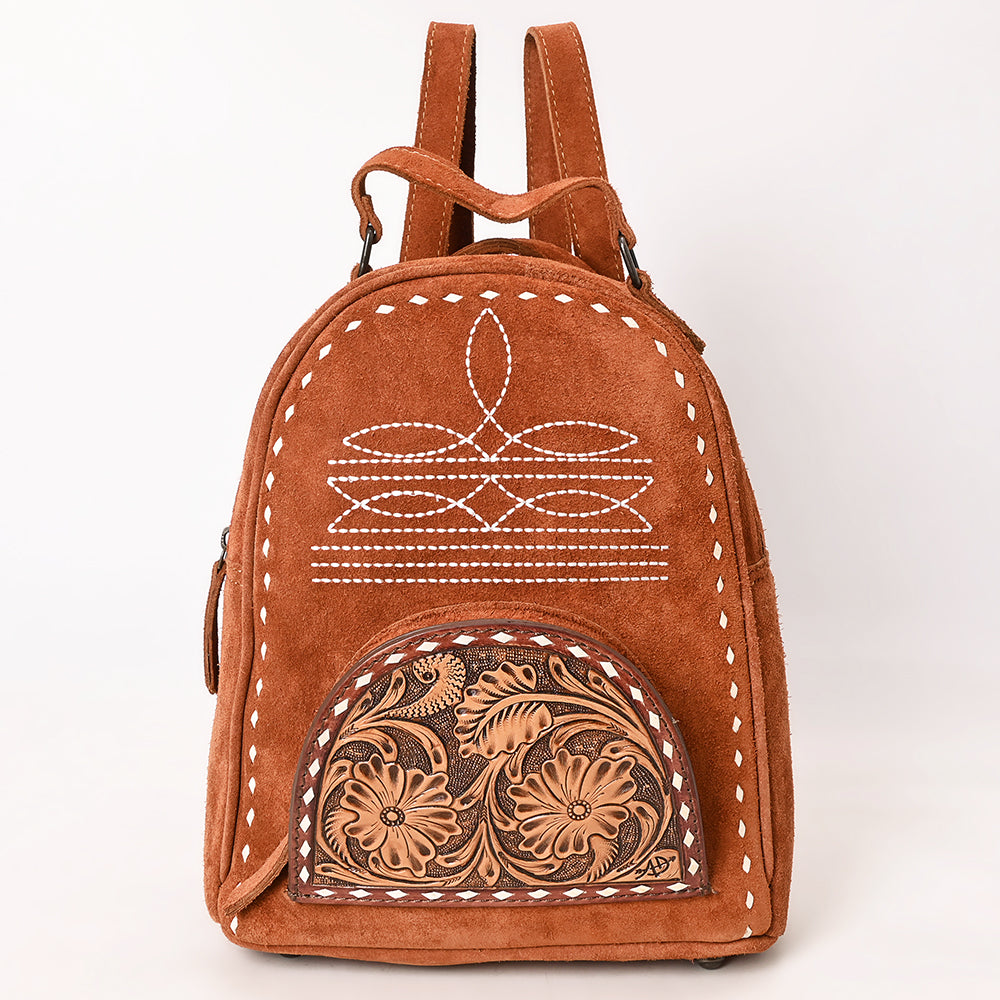 ADBG1574 American Darling Genuine Suede Leather Backpack Bag with Hand Tooled Floral Front & Buck Stitch Accents