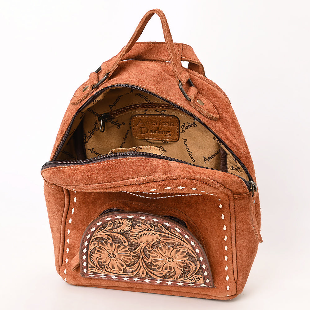 ADBG1574 American Darling Genuine Suede Leather Backpack Bag with Hand Tooled Floral Front & Buck Stitch Accents