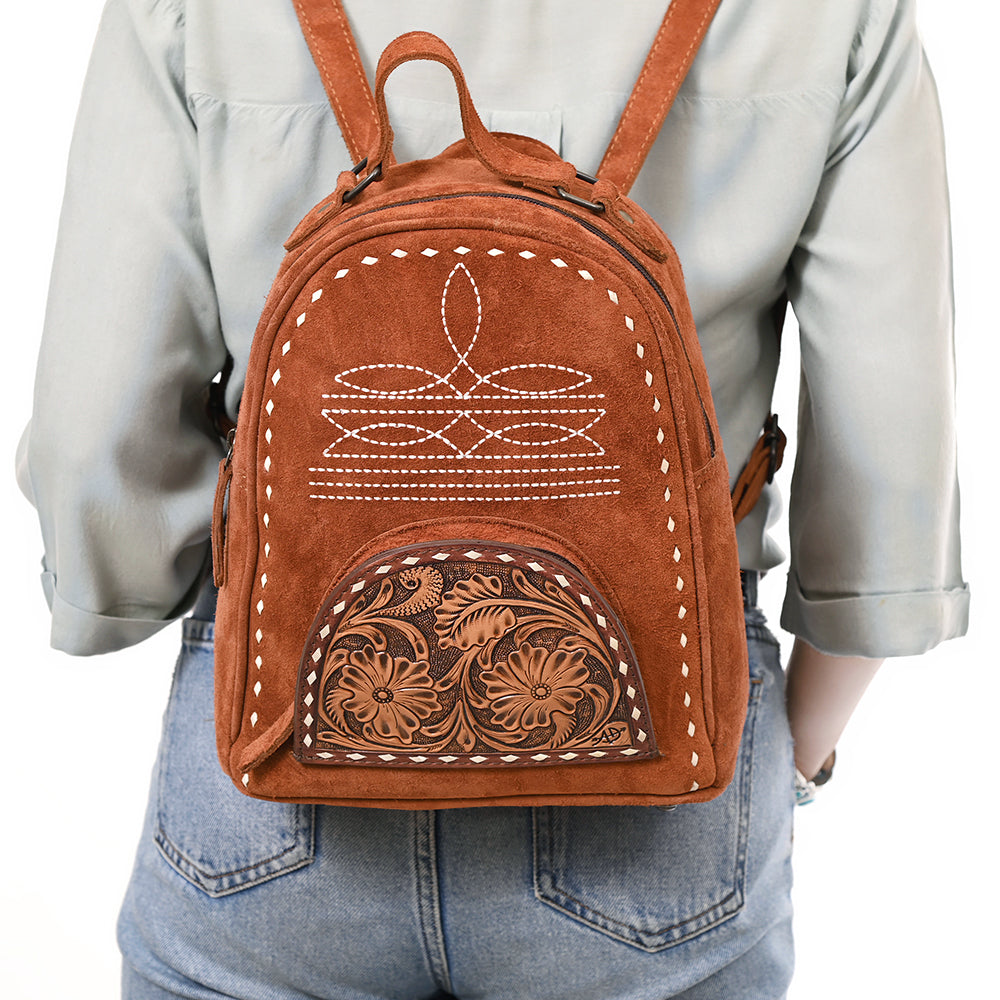 ADBG1574 American Darling Genuine Suede Leather Backpack Bag with Hand Tooled Floral Front & Buck Stitch Accents