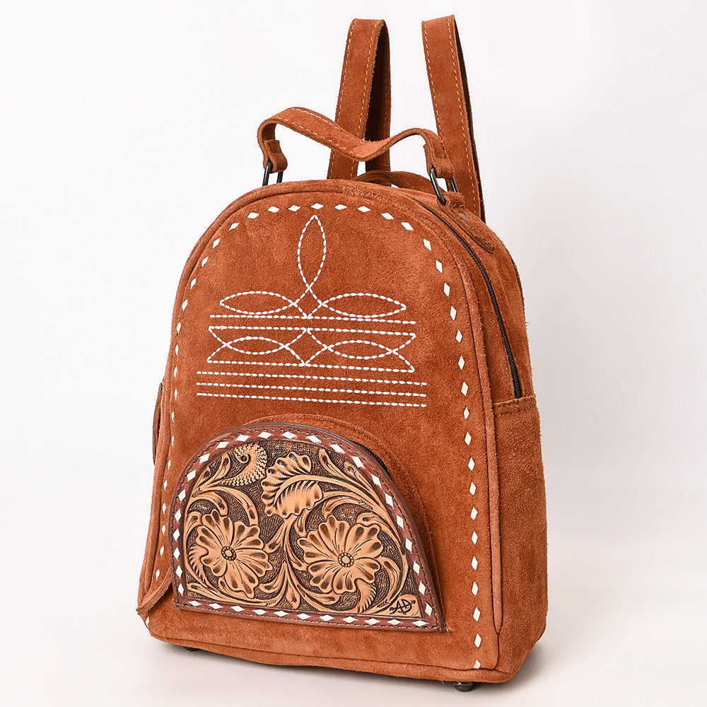 ADBG1574 American Darling Genuine Suede Leather Backpack Bag with Hand Tooled Floral Front & Buck Stitch Accents