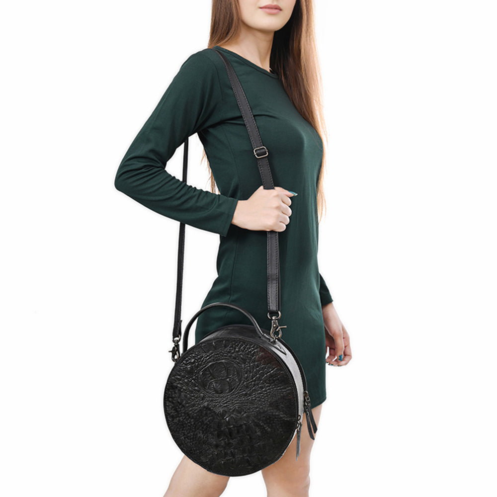 ADBG1563 American Darling Western Genuine Leather Canteen Bag - Black Crocodile Embossed Round Crossbody