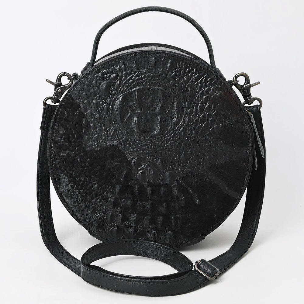 ADBG1563 American Darling Western Genuine Leather Canteen Bag - Black Crocodile Embossed Round Crossbody