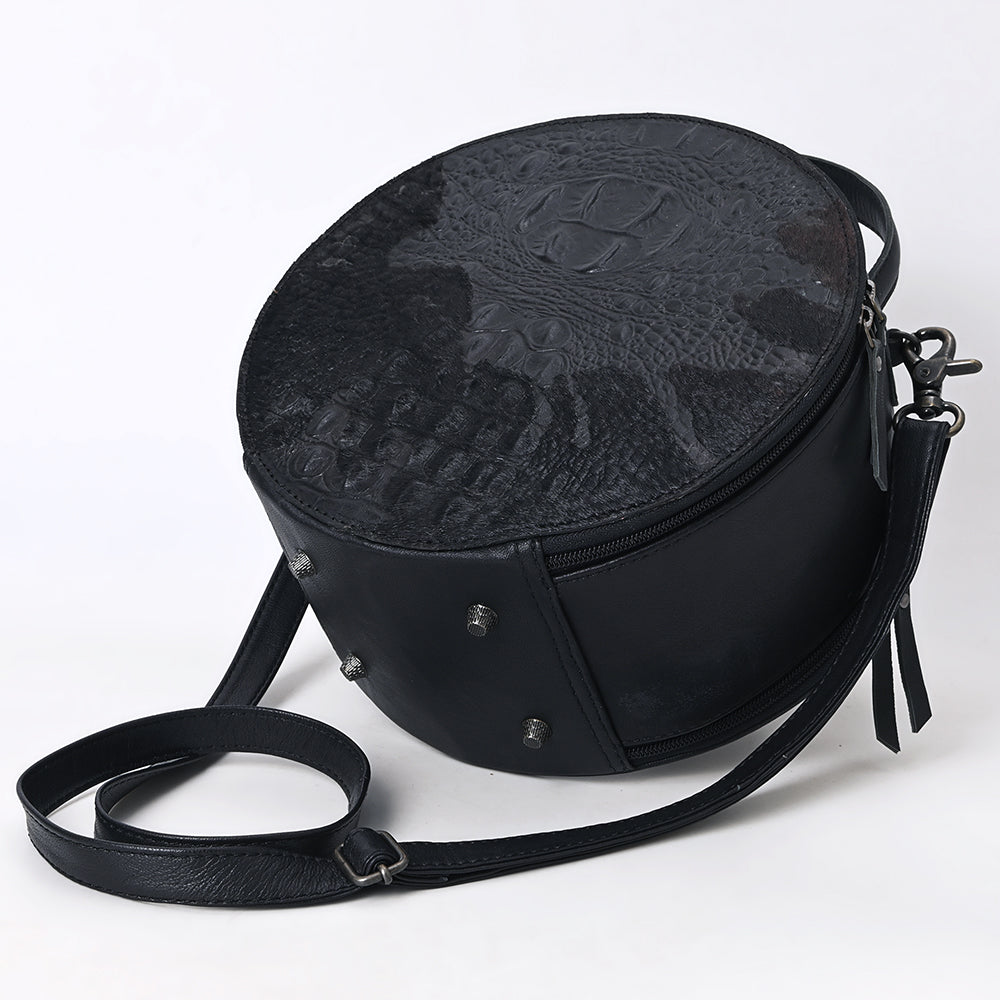 ADBG1563 American Darling Western Genuine Leather Canteen Bag - Black Crocodile Embossed Round Crossbody