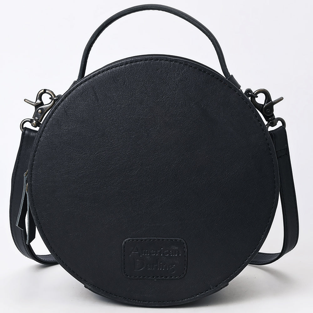 ADBG1563 American Darling Western Genuine Leather Canteen Bag - Black Crocodile Embossed Round Crossbody