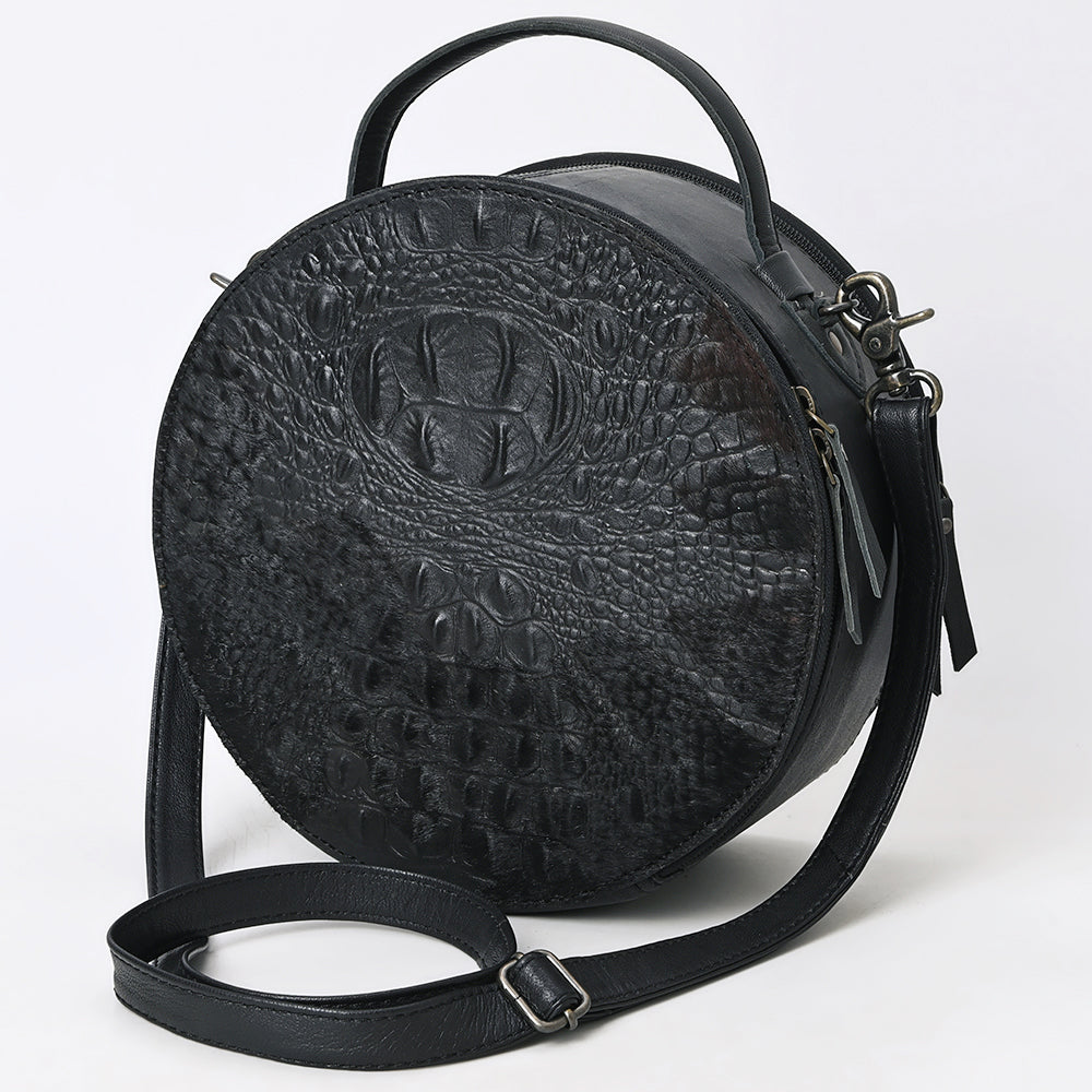 ADBG1563 American Darling Western Genuine Leather Canteen Bag - Black Crocodile Embossed Round Crossbody