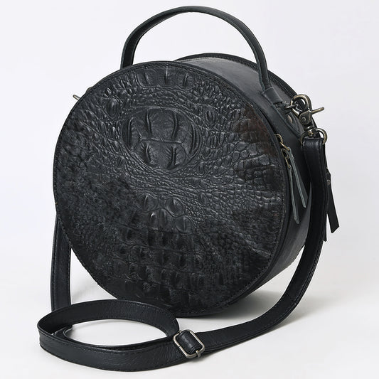 ADBG1563 American Darling Western Genuine Leather Canteen Bag - Black Crocodile Embossed Round Crossbody