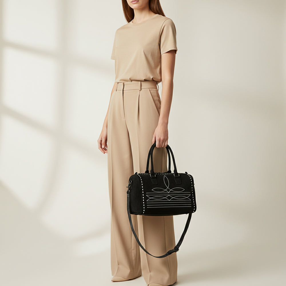 ADBG1585A Black Genuine suede Embroidered Duffel Handbag - Western Weekender with Shoulder Strap