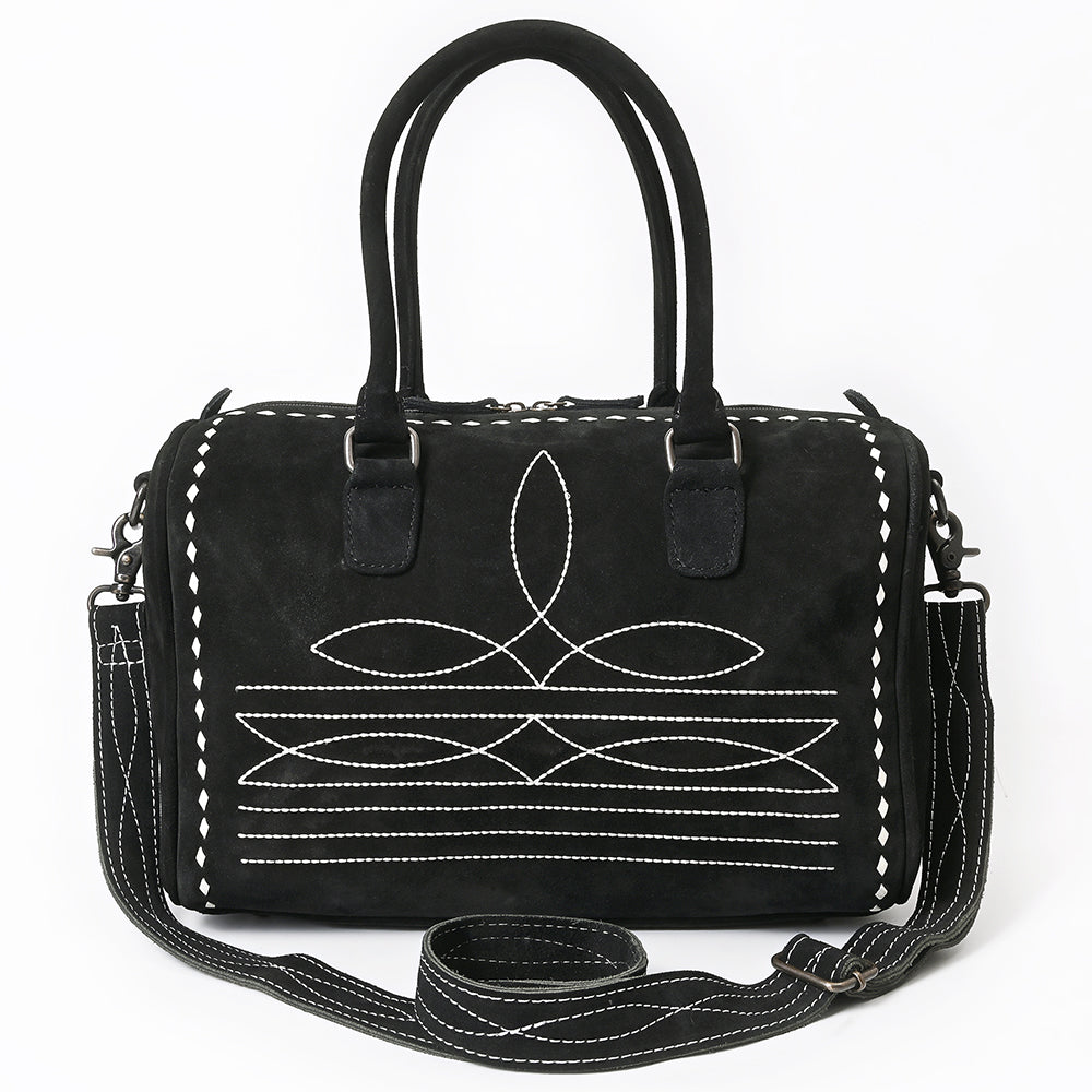 ADBG1585A Black Genuine suede Embroidered Duffel Handbag - Western Weekender with Shoulder Strap