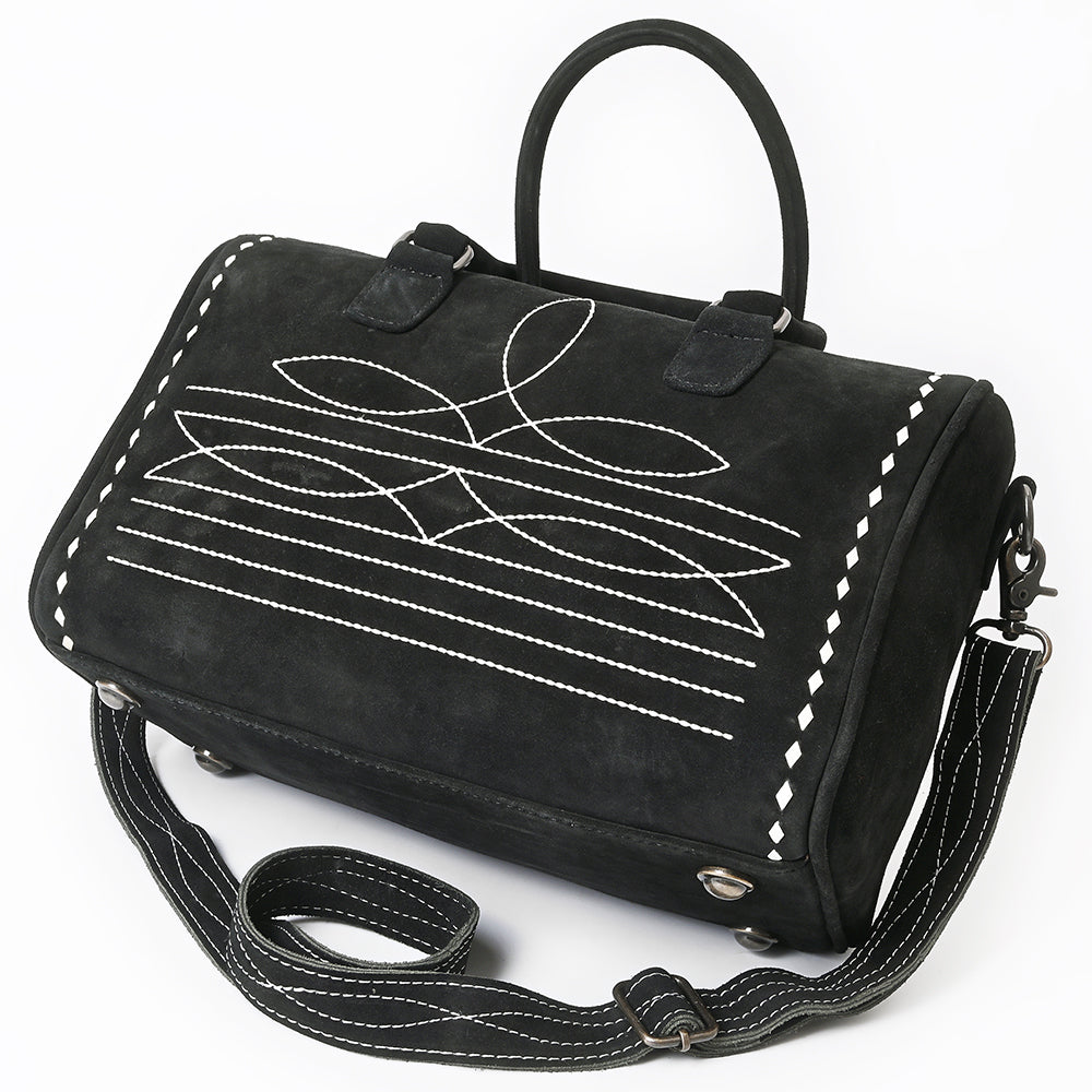 ADBG1585A Black Genuine suede Embroidered Duffel Handbag - Western Weekender with Shoulder Strap