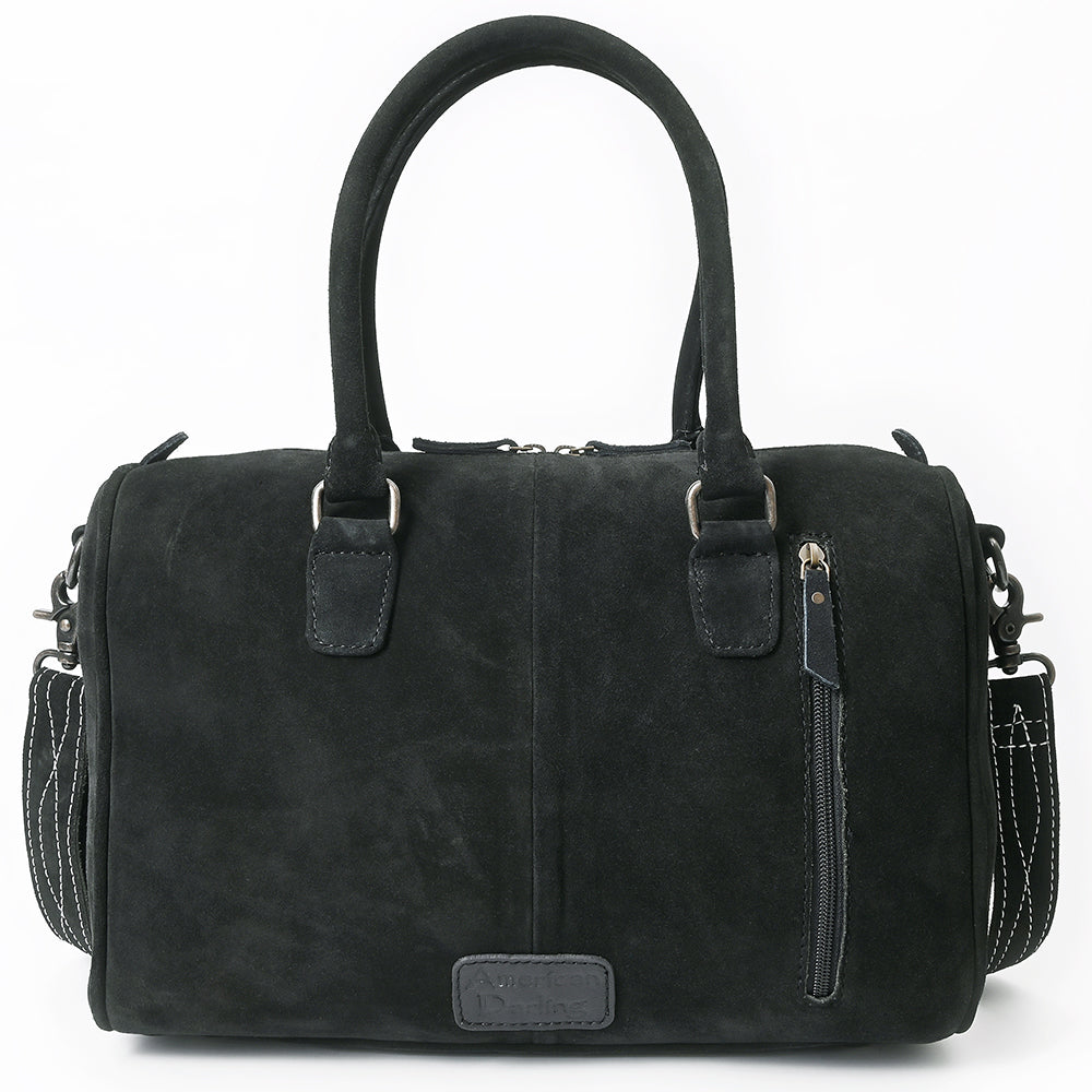 ADBG1585A Black Genuine suede Embroidered Duffel Handbag - Western Weekender with Shoulder Strap