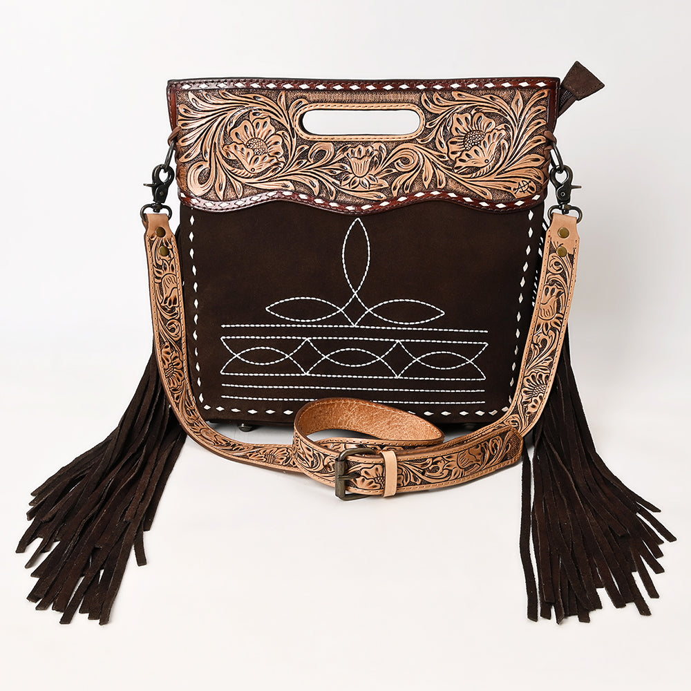 ADBG1584 American Darling Hand-Tooled Western Leather Cross Body Bag with Fringe & Carved Detailing