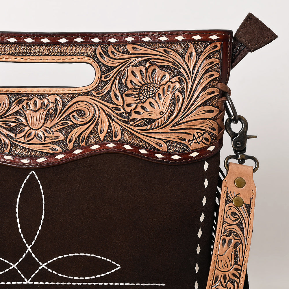 ADBG1584 American Darling Hand-Tooled Western Leather Cross Body Bag with Fringe & Carved Detailing