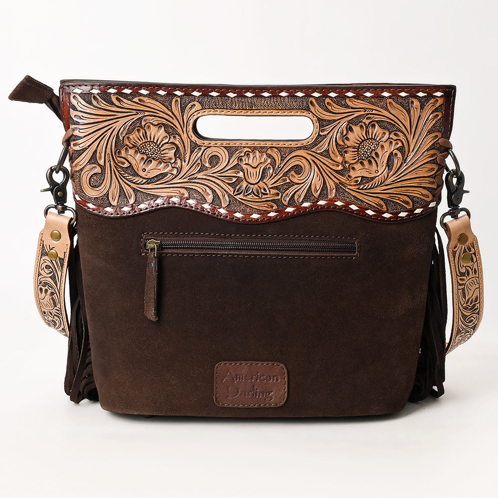 ADBG1584 American Darling Hand-Tooled Western Leather Cross Body Bag with Fringe & Carved Detailing