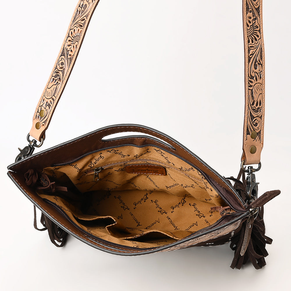 ADBG1584 American Darling Hand-Tooled Western Leather Cross Body Bag with Fringe & Carved Detailing