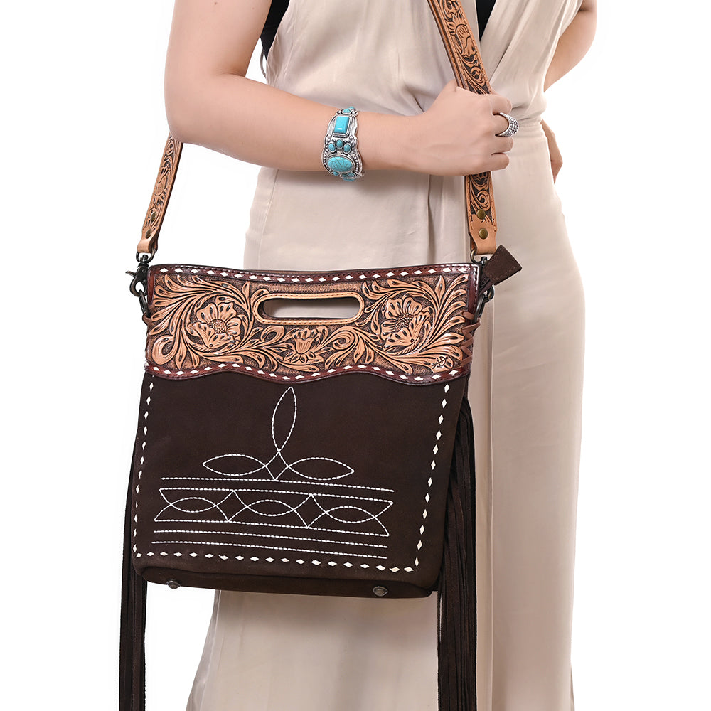 ADBG1584 American Darling Hand-Tooled Western Leather Cross Body Bag with Fringe & Carved Detailing