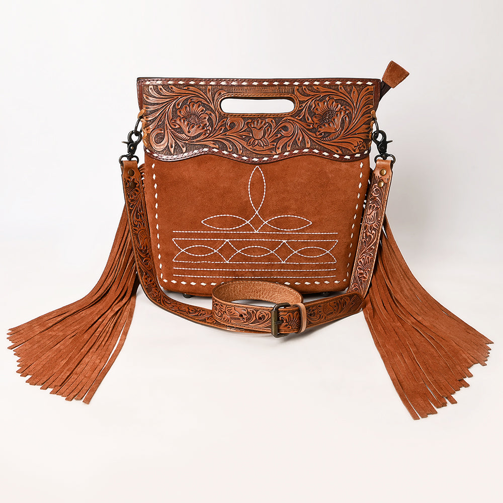 ADBG1584 American Darling Hand-Tooled Western Leather Cross Body Bag with Fringe & Carved Detailing