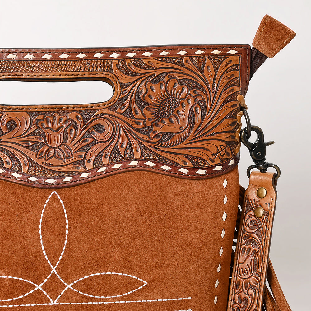 ADBG1584 American Darling Hand-Tooled Western Leather Cross Body Bag with Fringe & Carved Detailing
