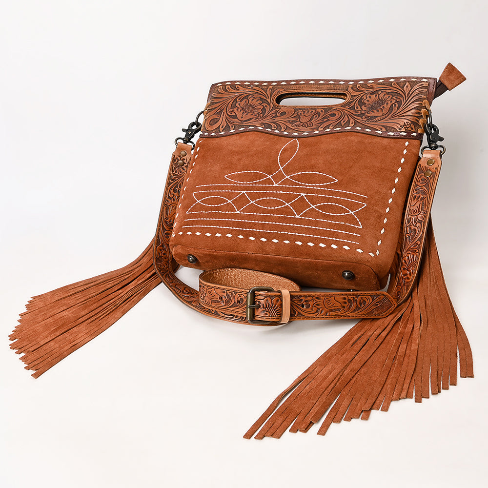 ADBG1584 American Darling Hand-Tooled Western Leather Cross Body Bag with Fringe & Carved Detailing