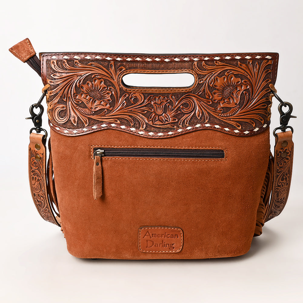ADBG1584 American Darling Hand-Tooled Western Leather Cross Body Bag with Fringe & Carved Detailing