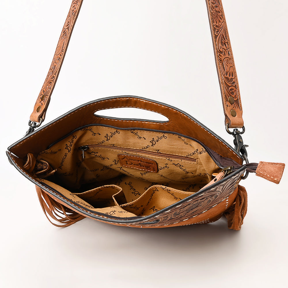 ADBG1584 American Darling Hand-Tooled Western Leather Cross Body Bag with Fringe & Carved Detailing