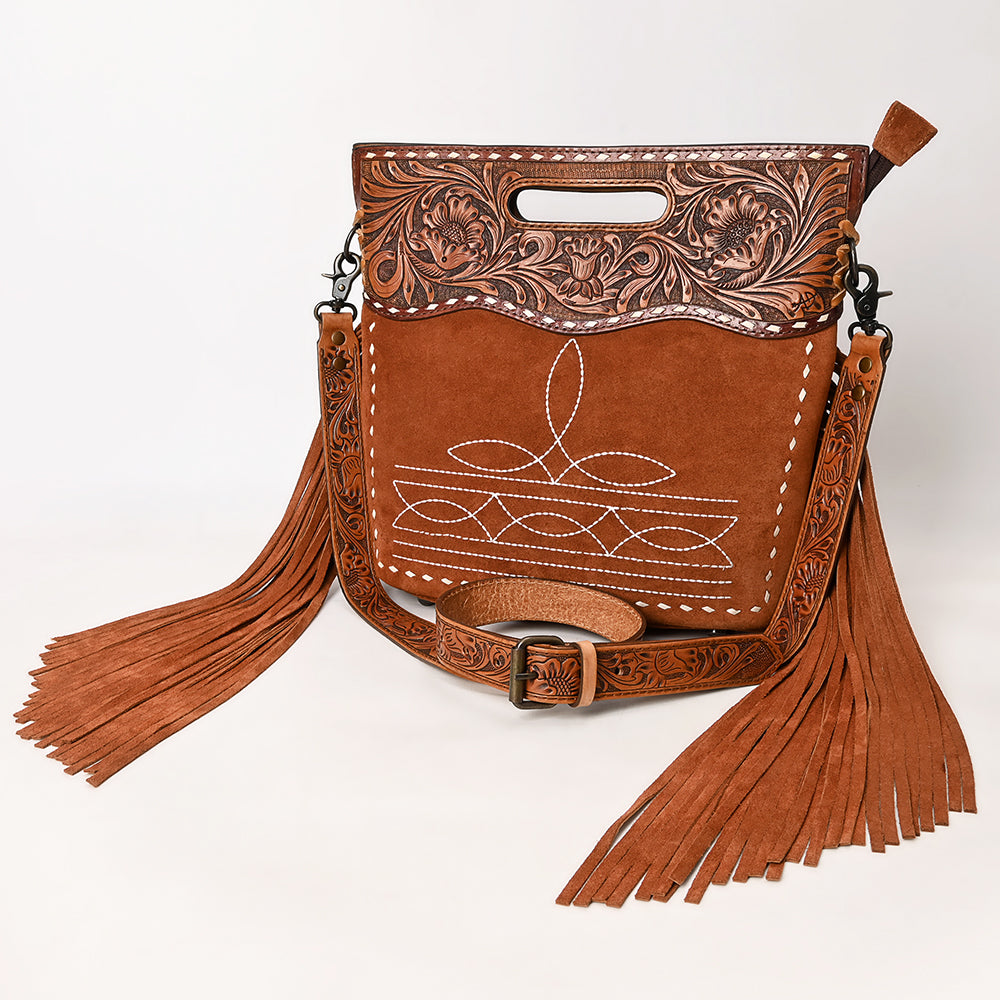 ADBG1584 American Darling Hand-Tooled Western Leather Cross Body Bag with Fringe & Carved Detailing
