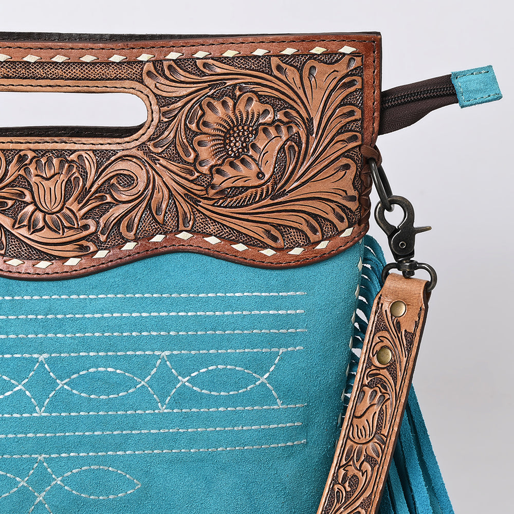 ADBG1584 American Darling Hand-Tooled Western Leather Cross Body Bag with Fringe & Carved Detailing