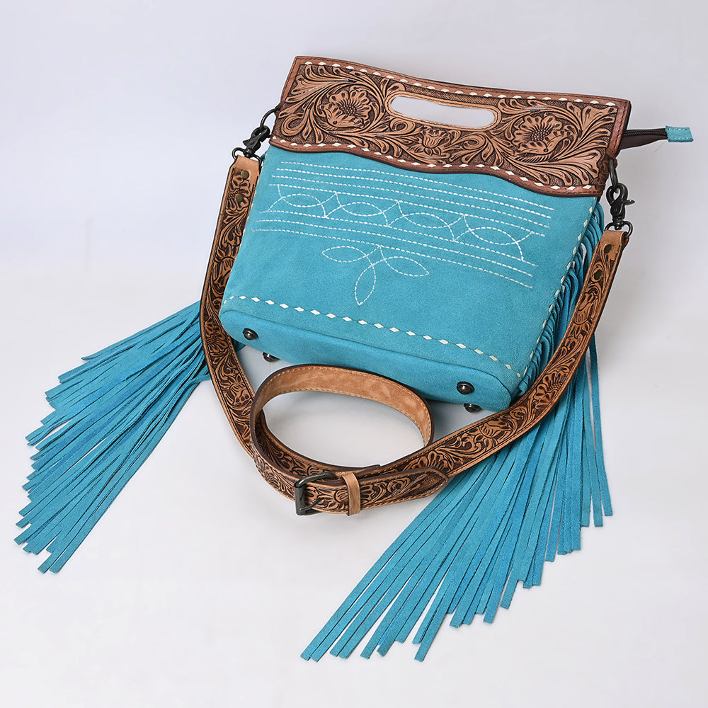 ADBG1584 American Darling Hand-Tooled Western Leather Cross Body Bag with Fringe & Carved Detailing