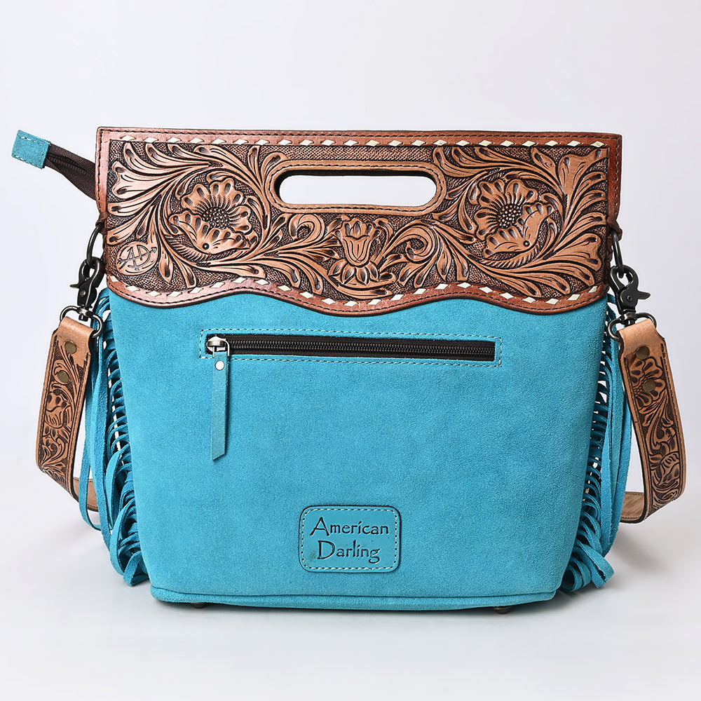 ADBG1584 American Darling Hand-Tooled Western Leather Cross Body Bag with Fringe & Carved Detailing