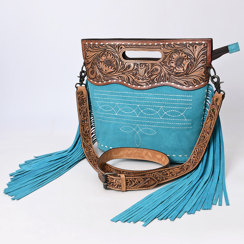 ADBG1584 American Darling Hand-Tooled Western Leather Cross Body Bag with Fringe & Carved Detailing