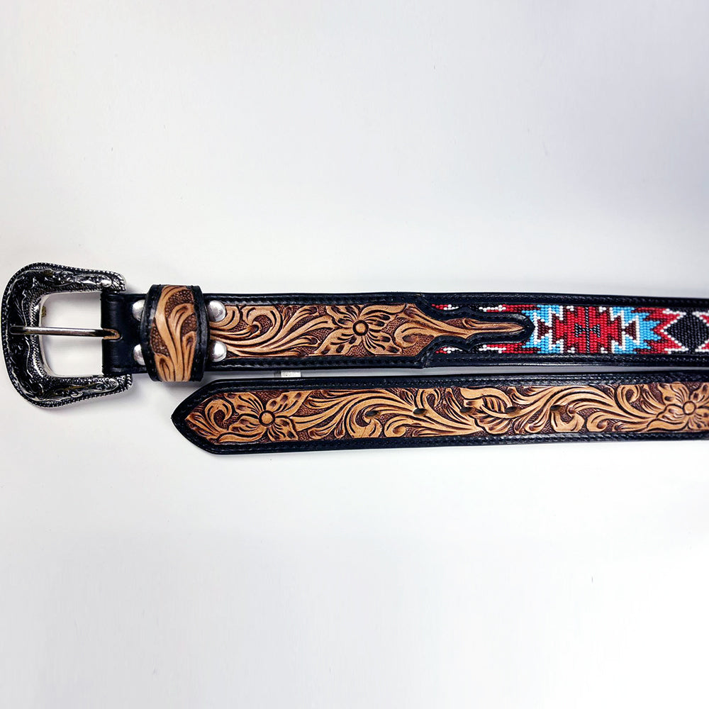 ADBLD101 Beautifully Hand Tooled Beadwork Genuine American Leather Belt Men and Women Bling