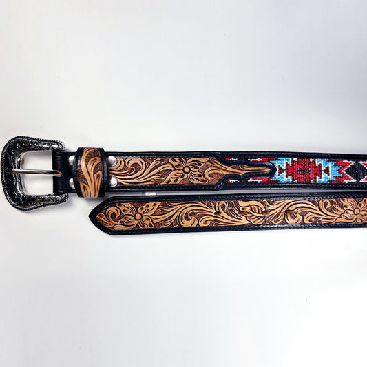 ADBLD101 Beautifully Hand Tooled Beadwork Genuine American Leather Belt Men and Women Bling
