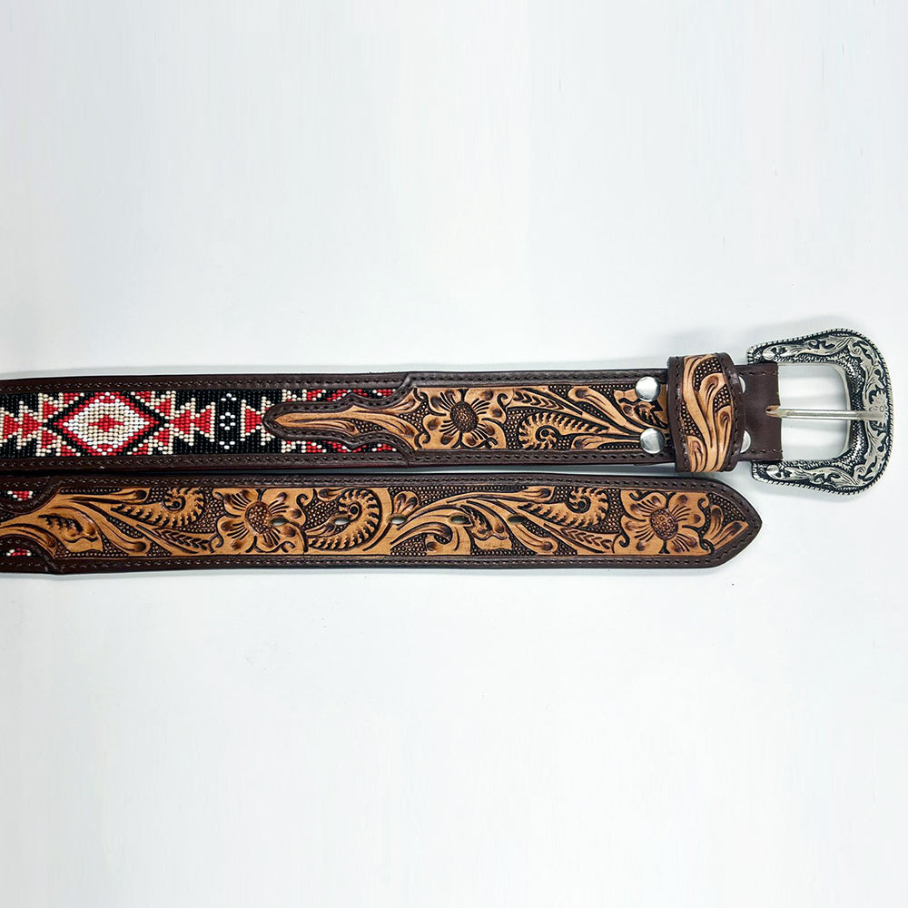 ADBLD103 Beautifully Hand Tooled Beadwork Genuine American Leather Belt Men and Women Bling