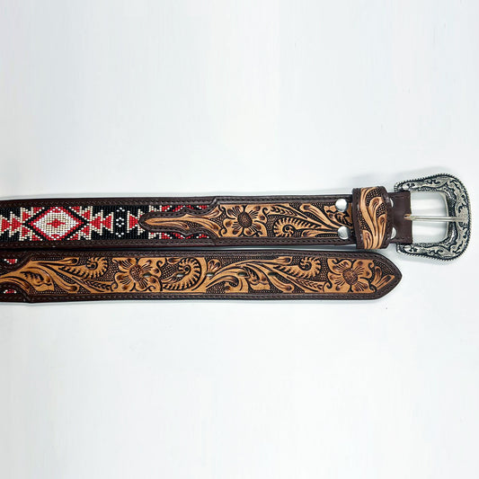 ADBLD103 Beautifully Hand Tooled Beadwork Genuine American Leather Belt Men and Women Bling