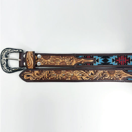 ADBLD104 Beautifully Hand Tooled Beadwork Genuine American Leather Belt Men and Women Bling
