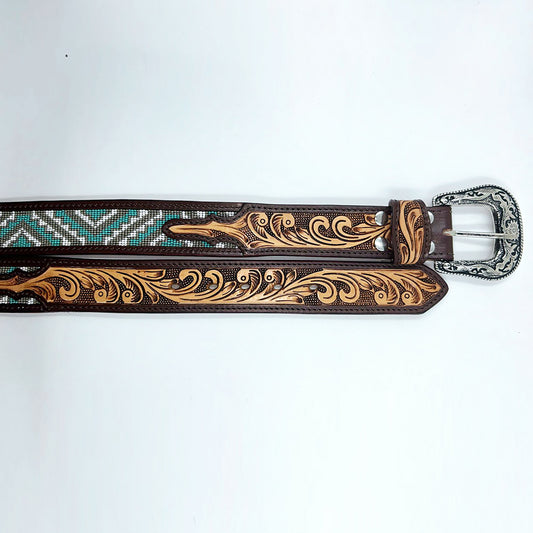 ADBLD105 Beautifully Hand Tooled Beadwork Genuine American Leather Belt Men and Women Bling
