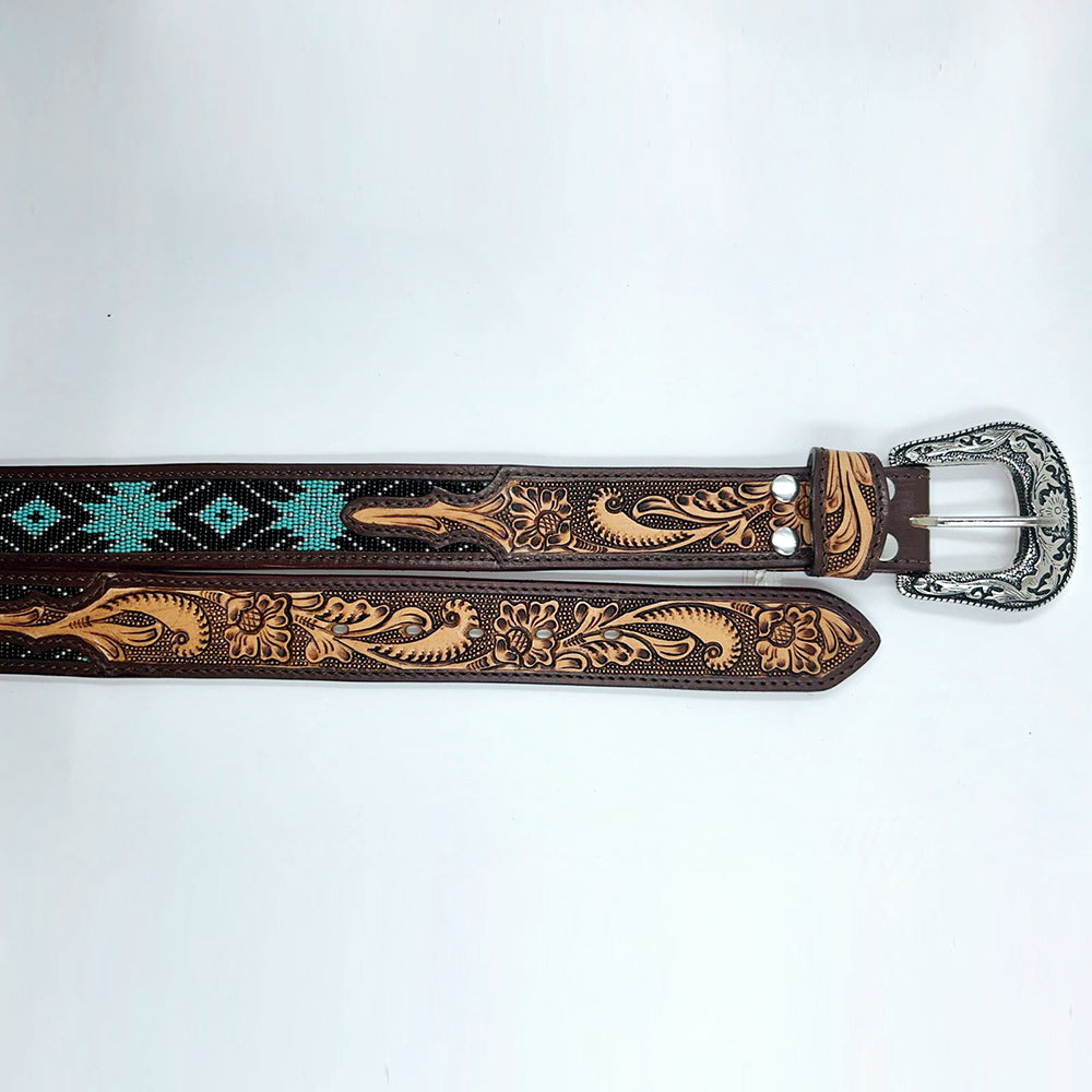 ADBLD106 Beautifully Hand Tooled Beadwork Genuine American Leather Belt Men and Women Bling