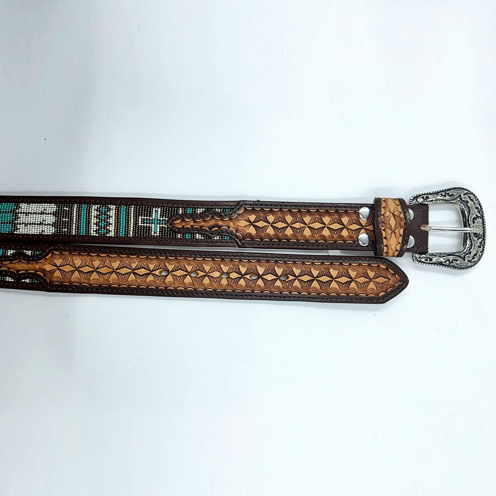 ADBLD107 Beautifully Hand Tooled Beadwork Genuine American Leather Belt Men and Women Bling