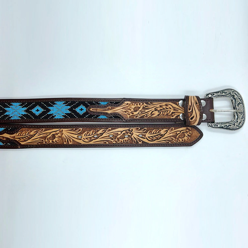 ADBLD108 Beautifully Hand Tooled Beadwork Genuine American Leather Belt Men and Women Bling