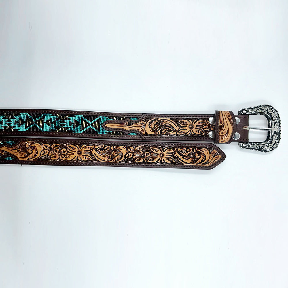 ADBLD109 Beautifully Hand Tooled Beadwork Genuine American Leather Belt Men and Women Bling