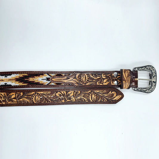ADBLD110 Beautifully Hand Tooled Beadwork Genuine American Leather Belt Men and Women Bling