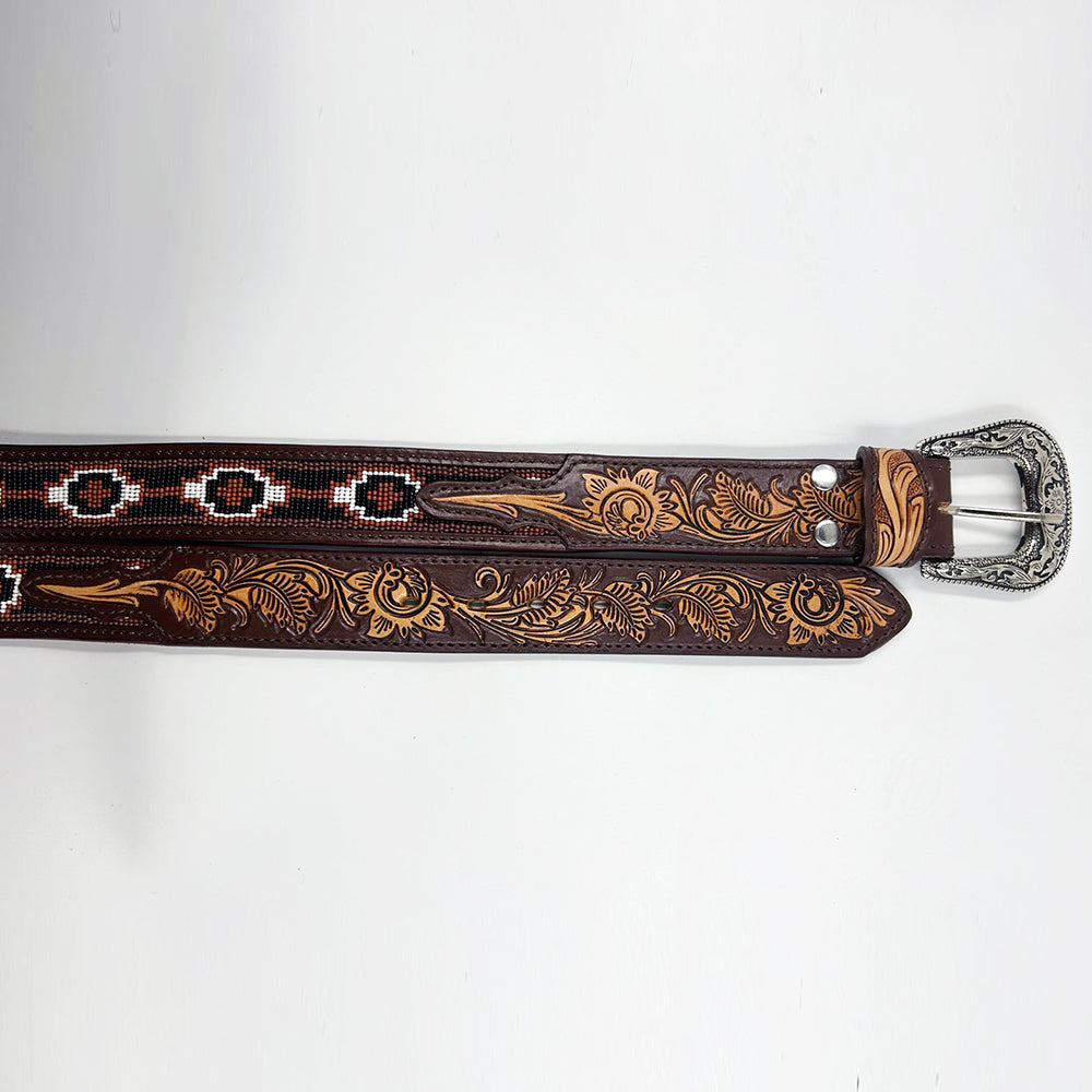 ADBLD111 Beautifully Hand Tooled Beadwork Genuine American Leather Belt Men and Women Bling
