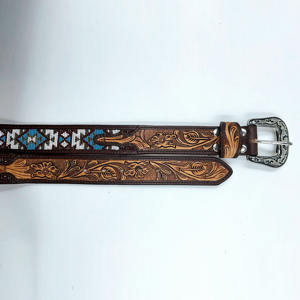ADBLD112 Beautifully Hand Tooled Beadwork Genuine American Leather Belt Men and Women Bling