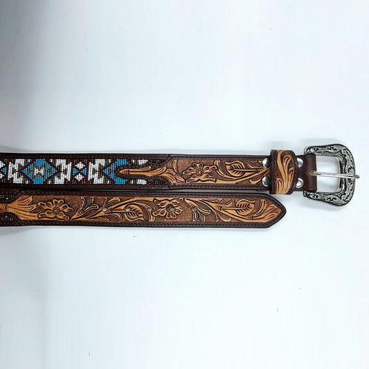 ADBLD112 Beautifully Hand Tooled Beadwork Genuine American Leather Belt Men and Women Bling