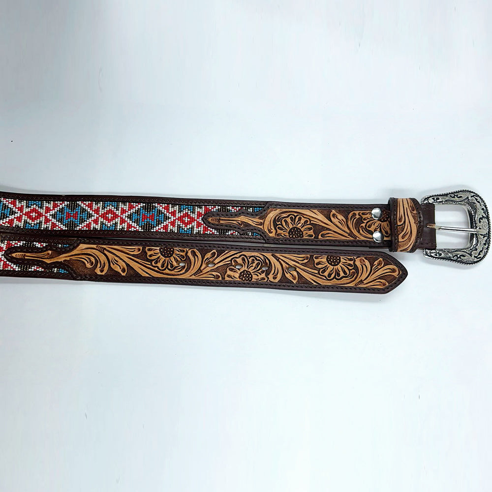 ADBLD113 Beautifully Hand Tooled Beadwork Genuine American Leather Belt Men and Women Bling