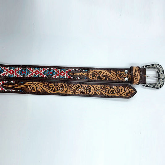 ADBLD113 Beautifully Hand Tooled Beadwork Genuine American Leather Belt Men and Women Bling