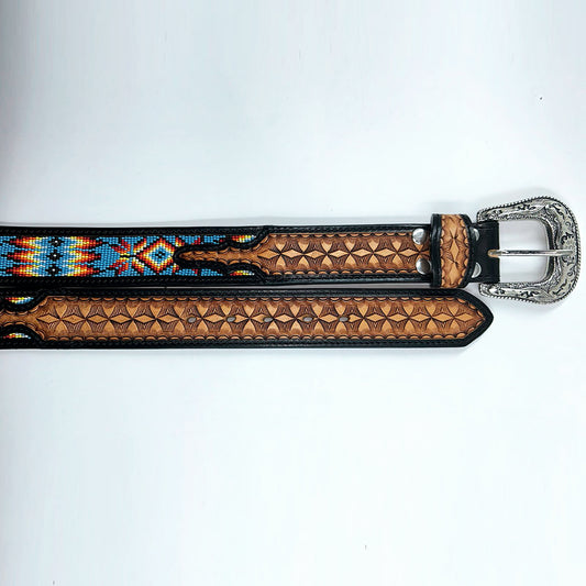 ADBLD114 Beautifully Hand Tooled Beadwork Genuine American Leather Belt Men and Women Bling