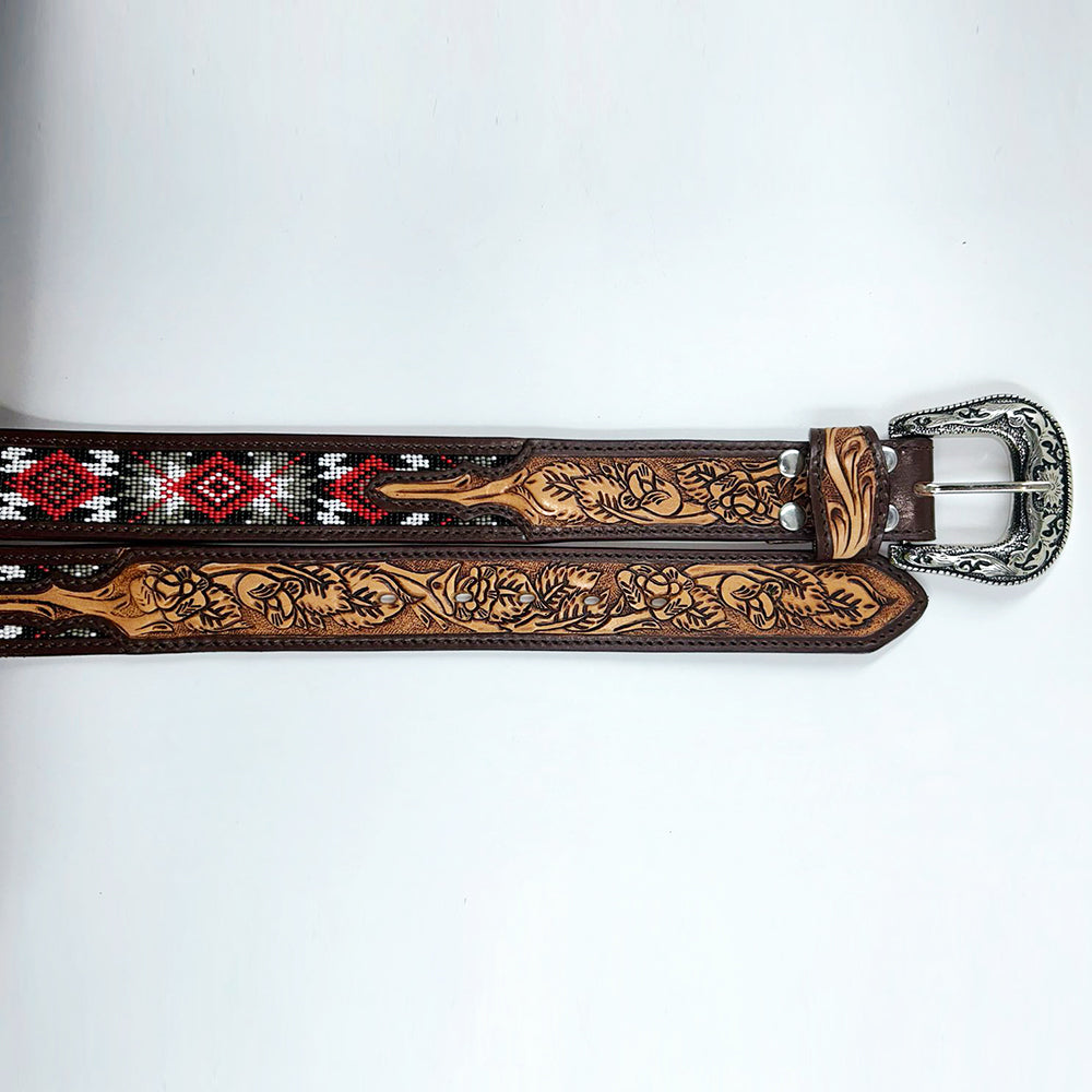 ADBLD116 Beautifully Hand Tooled Beadwork Genuine American Leather Belt Men and Women Bling